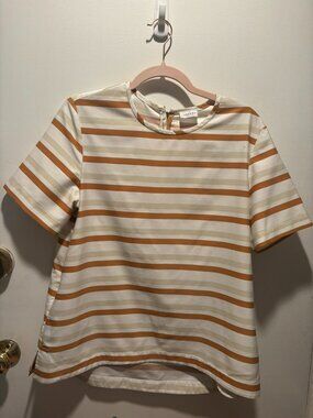 ## ✨ Argent Striped Short-Sleeve Zip-Back Blouse ✨